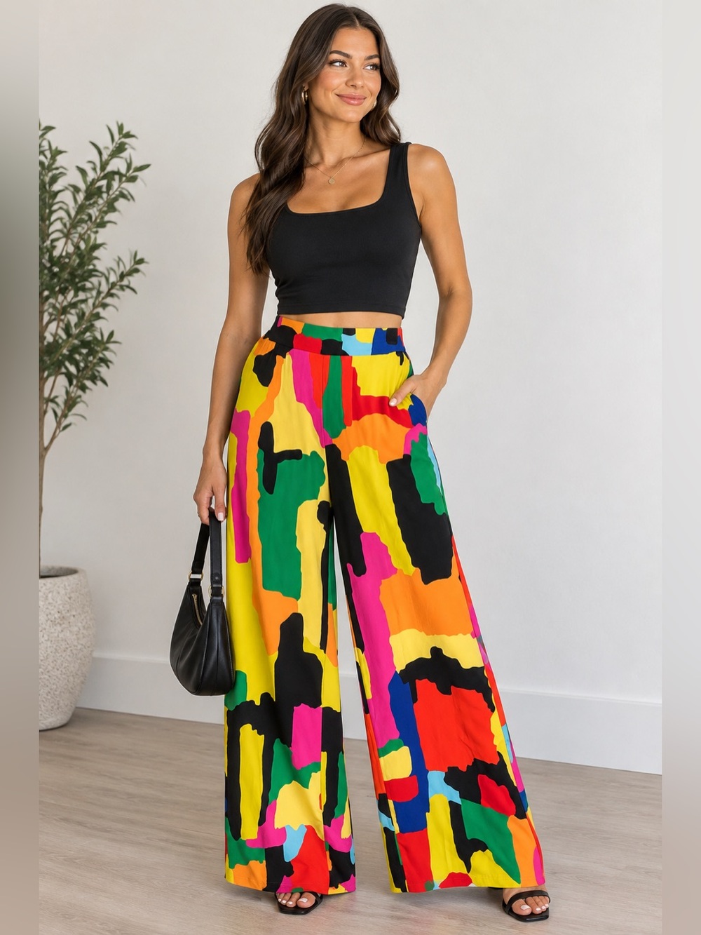 New York & Company Wide Leg Palazzo Pants Multicolor Abstract Women Medium M
